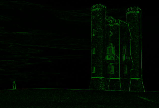 Same image as the first one with person and tower and wide sky. But now transformed to only highlight
edges on a black background.